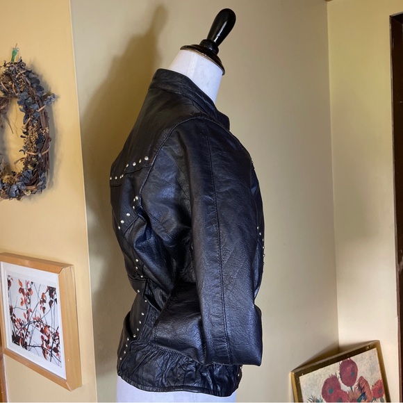 Vintage 80s Black Leather Jacket STUD Zip-Front YKK Silver HW Rock-N-Roll Biker - Picture 7 of 16